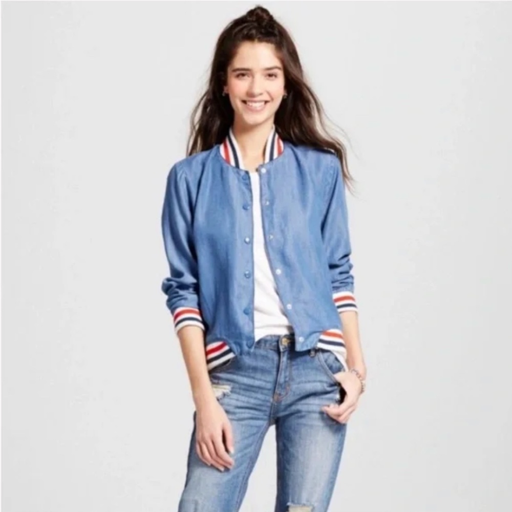 Mossimo Chambray Bomber Jacket with Red White Blue Stripes